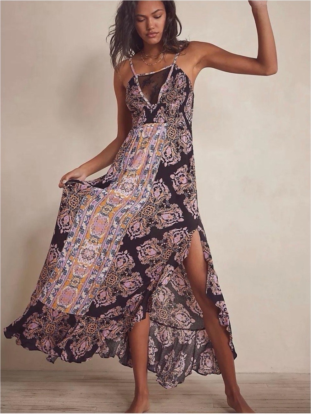 Free People That Moment Ruffle Smocked Lace Trim Maxi Dress Black Combo SZ S NWT